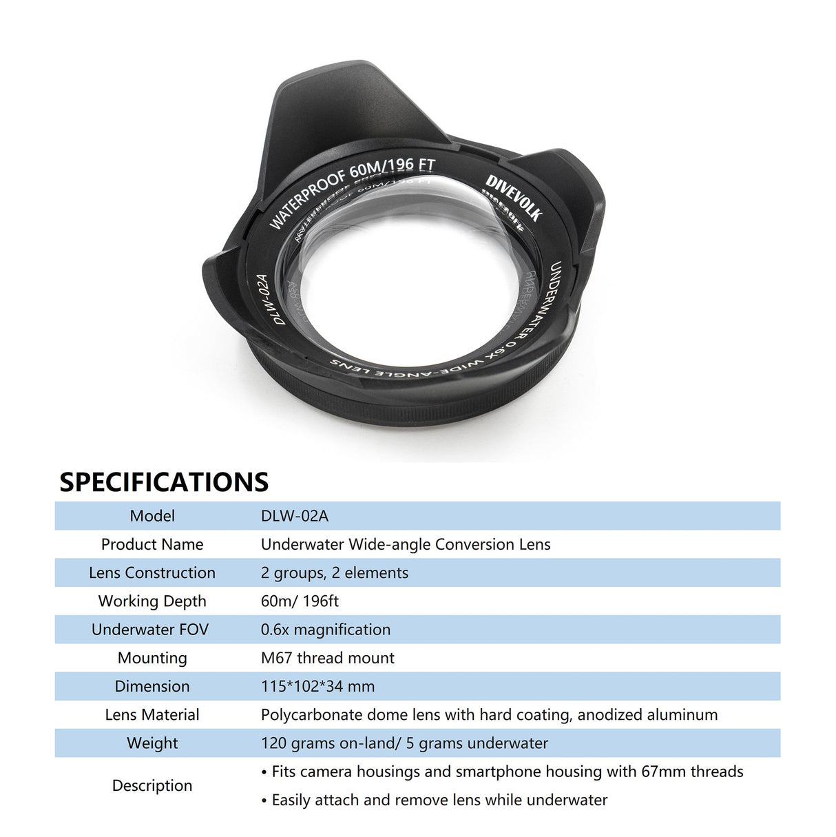 DiveVolk 0.6X Wide Angle Wet Lens for Underwater Housings – M67 Thread Mount