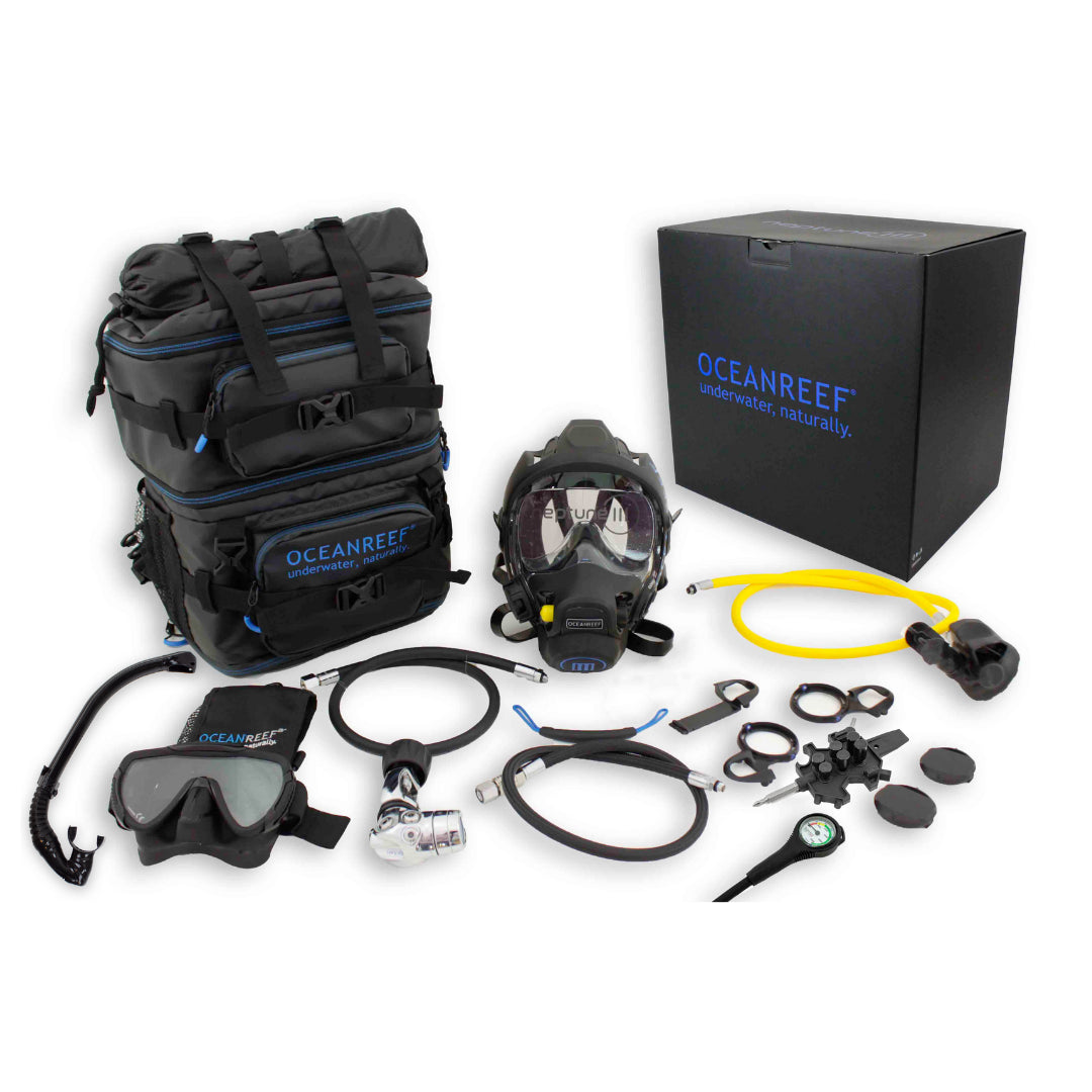 Ocean Reef Neptune III Package – Diving Full Face Mask W/ Int 2nd st. Surface Air Valve Hose Pressure Gauge Octopus SL35TX Int First Stage + Bump + Quick Connection Hose