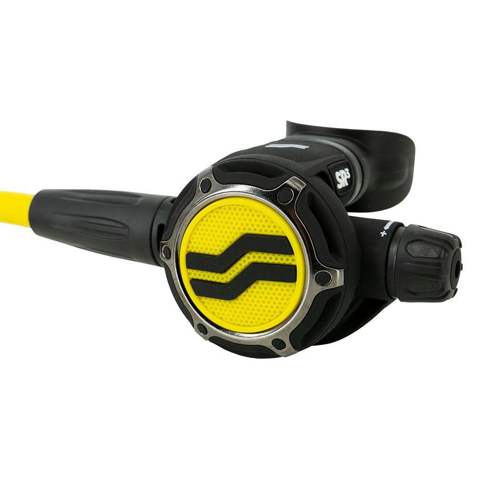 Scuba diving regulator with yellow and black design on a white background