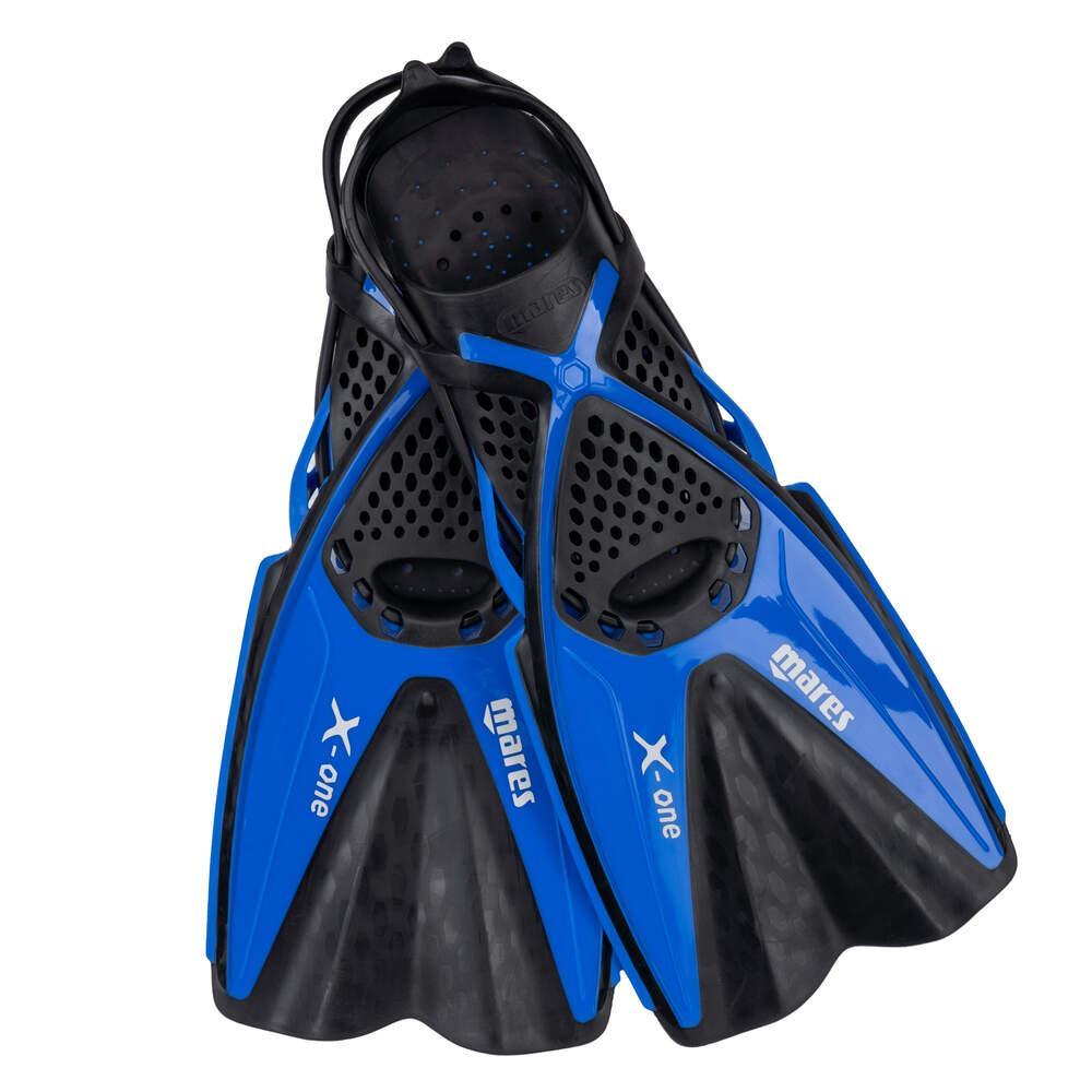 Blue and black diving fins with Mares branding on a white background