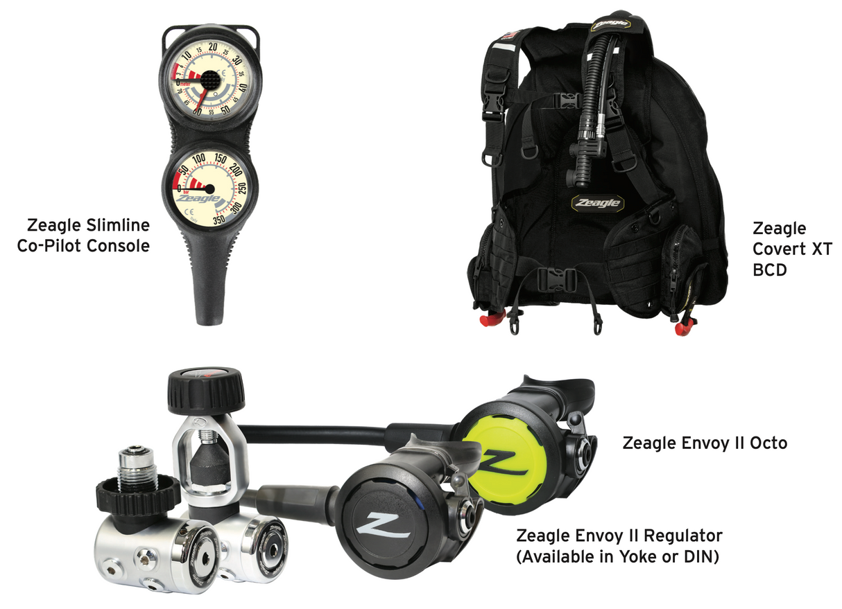 Zeagle Travel Package - Covert XT BCD, Envoy II Regulator & Octo, Slimline Co-Pilot Console