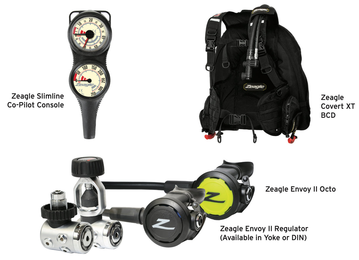 Zeagle Travel Package - Covert XT BCD, Envoy II Regulator & Octo, Slimline Co-Pilot Console