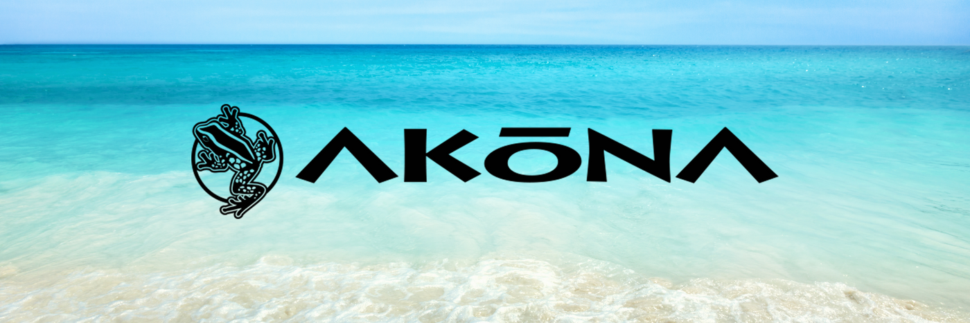 Akona logo with a beach and ocean background