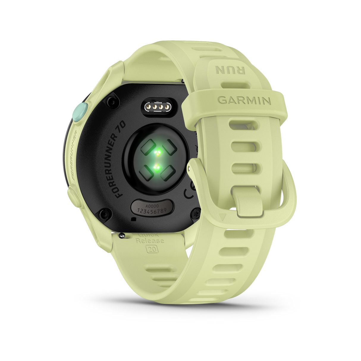 Garmin Forerunner 70 Citron rear view with sensor