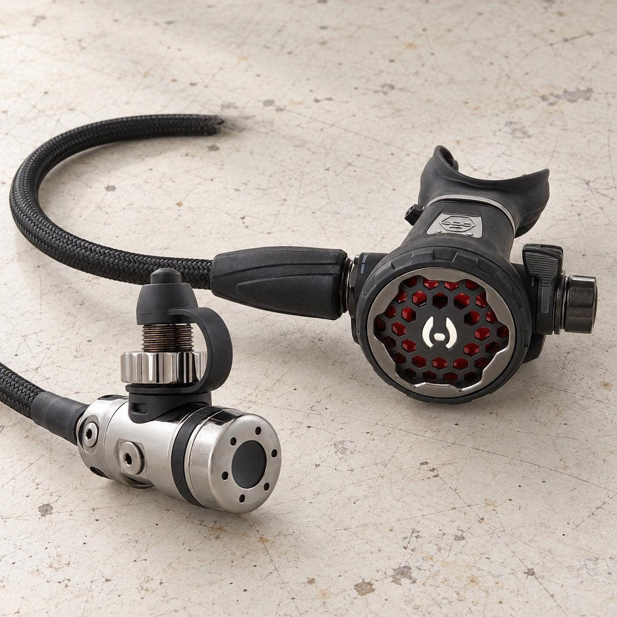 Open Box Hollis 200LX DC7 Dive Regulator Set — default, open box, lightly used on off-white work table