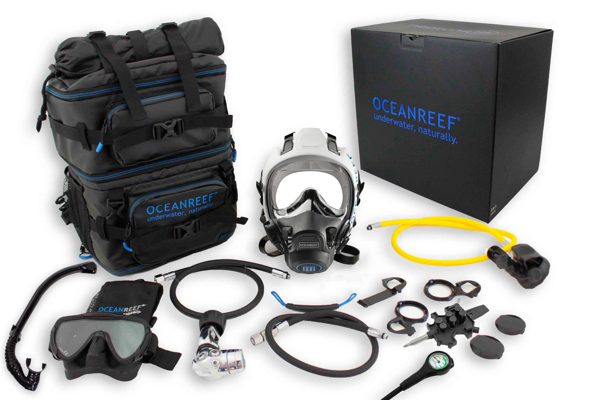 Ocean Reef Neptune III Package – Diving Full Face Mask W/ Int 2nd st. Surface Air Valve Hose Pressure Gauge Octopus SL35TX Din First Stage + Bump + Quick Connection Hose