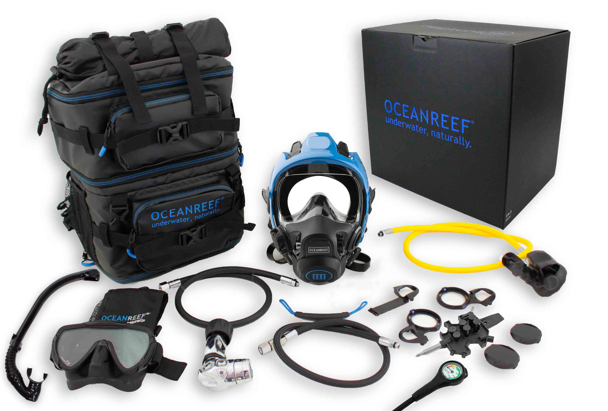 Ocean Reef Neptune III Package – Diving Full Face Mask W/ Int 2nd st. Surface Air Valve Hose Pressure Gauge Octopus SL35TX Din First Stage + Bump + Quick Connection Hose
