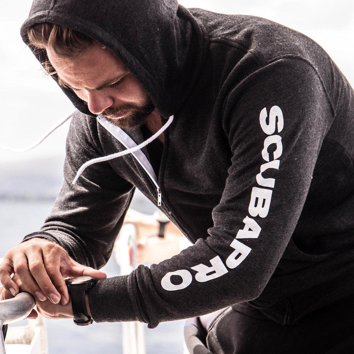 Scubapro Zip Up Hoodie - Gray, worn on a dive boat