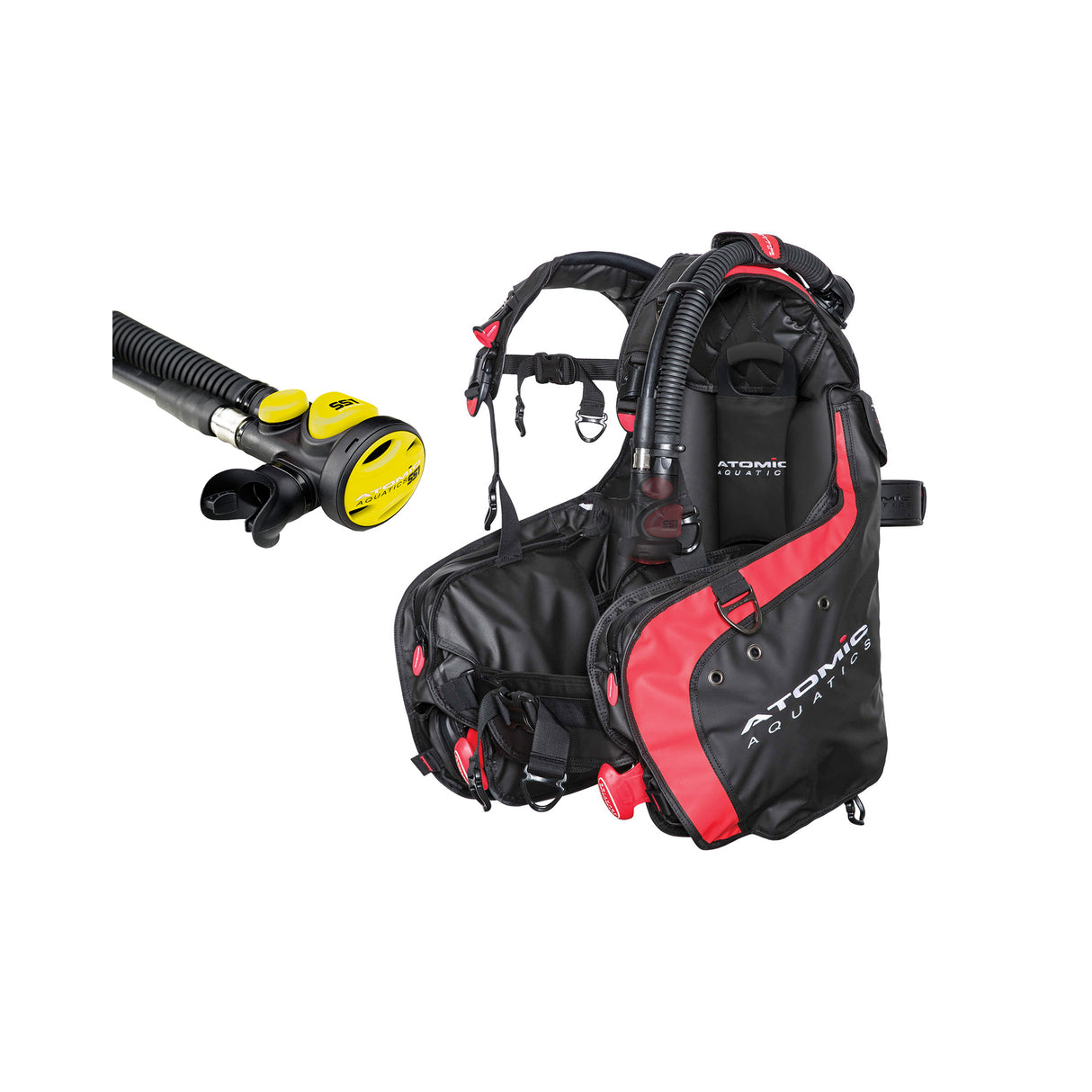 Atomic Aquatics BC1 BCD and SS1 Safe Second Inflator Diving Package-Red-Med/Lg-Yellow