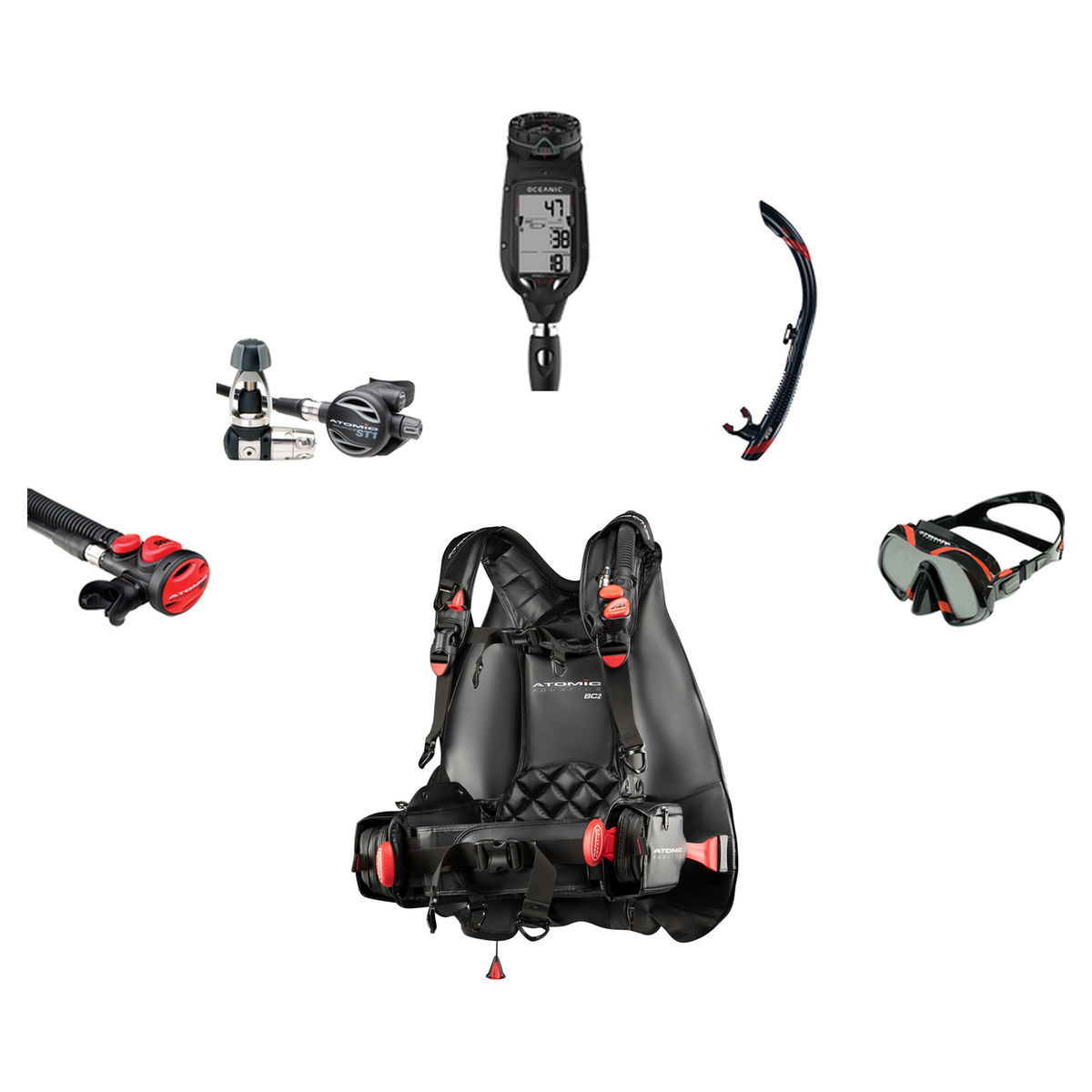 Atomic Aquatics Elite Scuba Package – BC2 BCD + B2 Regulator + SS1 Octo + ProPlus 4.0 Computer + Venom Mask & SV2 Snorkel —…