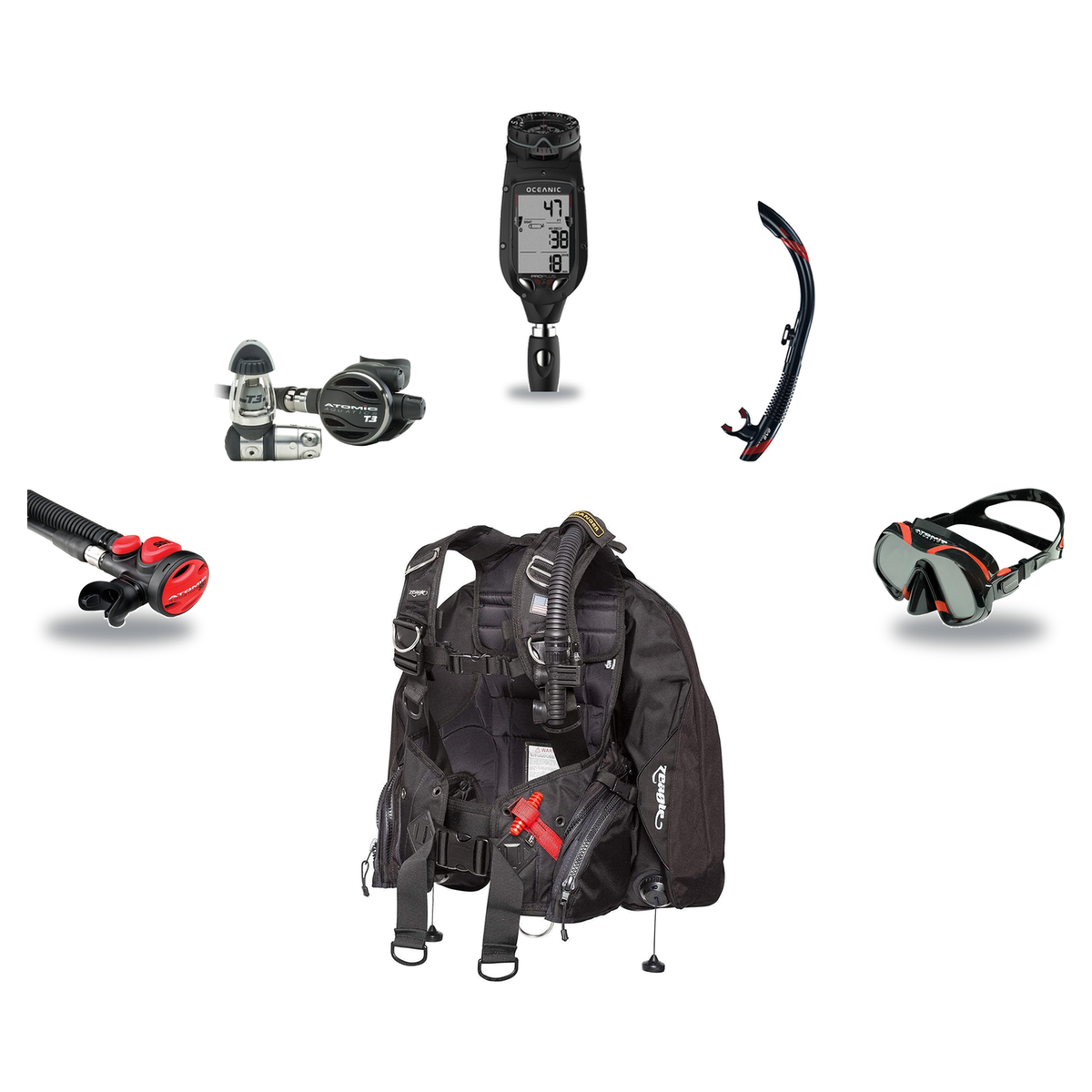 Atomic Aquatics Elite Scuba Package – BC2 BCD + B2 Regulator + SS1 Octo + ProPlus 4.0 Computer + Venom Mask & SV2 Snorkel —…