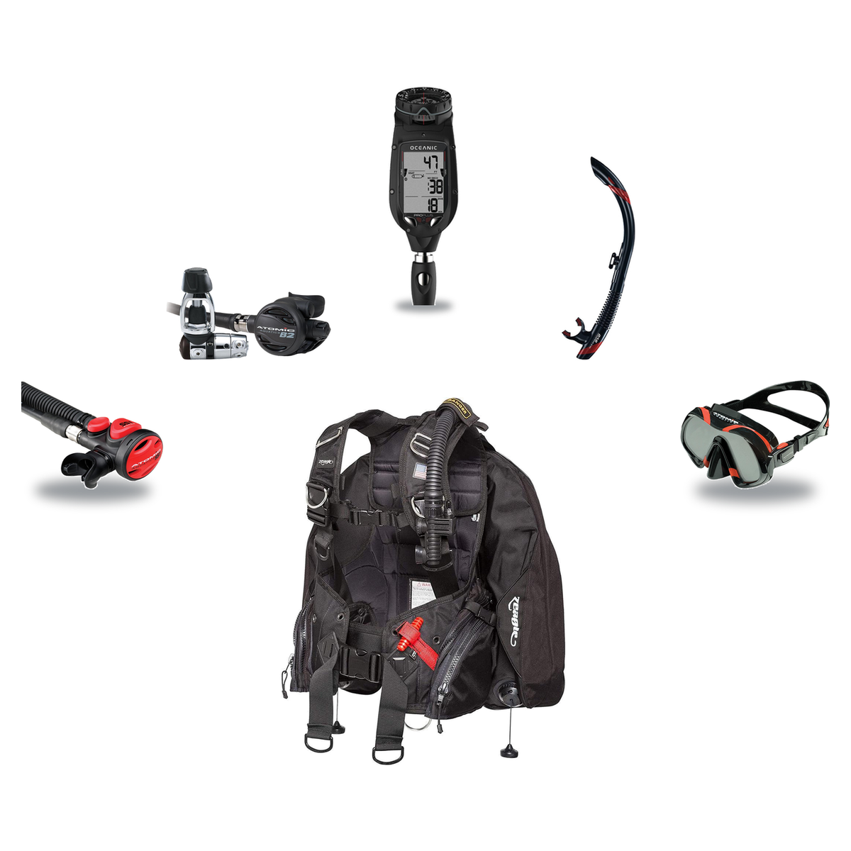 Atomic Aquatics Elite Scuba Package – BC2 BCD + B2 Regulator + SS1 Octo + ProPlus 4.0 Computer + Venom Mask & SV2 Snorkel —…