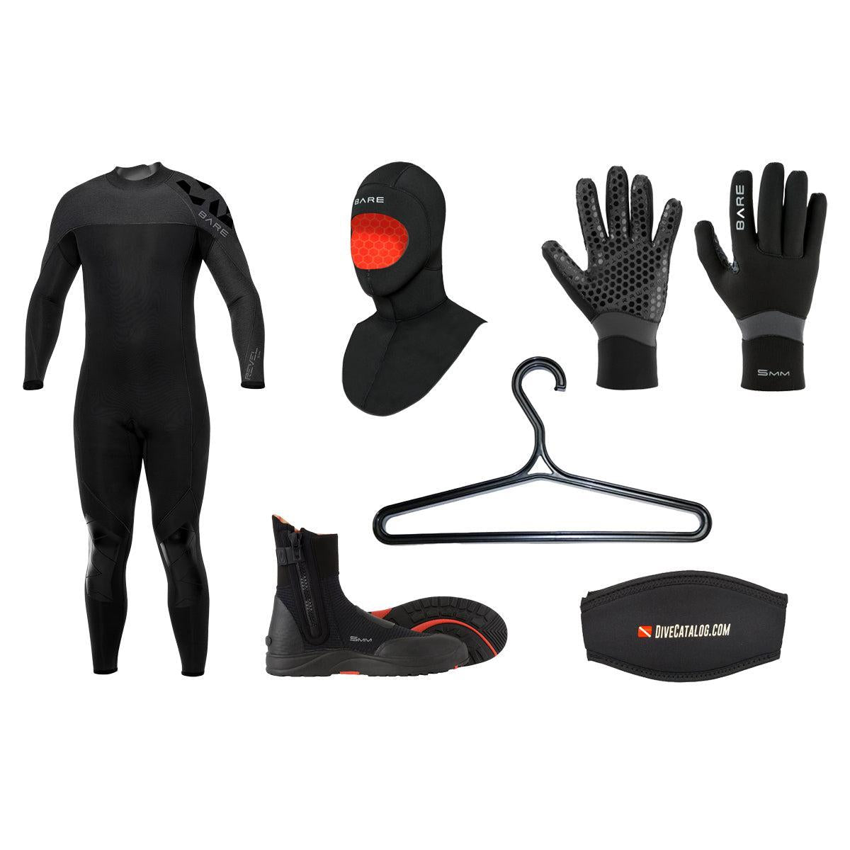 BARE Men's 5mm Revel Ultra Full Wetsuit Package w/ FREE Wetsuit Hanger & Mask Strap-