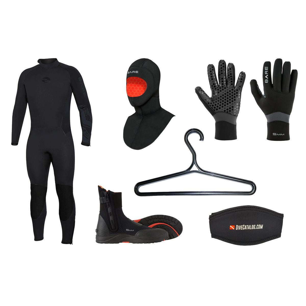 BARE Men's 5mm Velocity Ultra Full Wetsuit Package w/ FREE Wetsuit Hanger & Mask Strap-