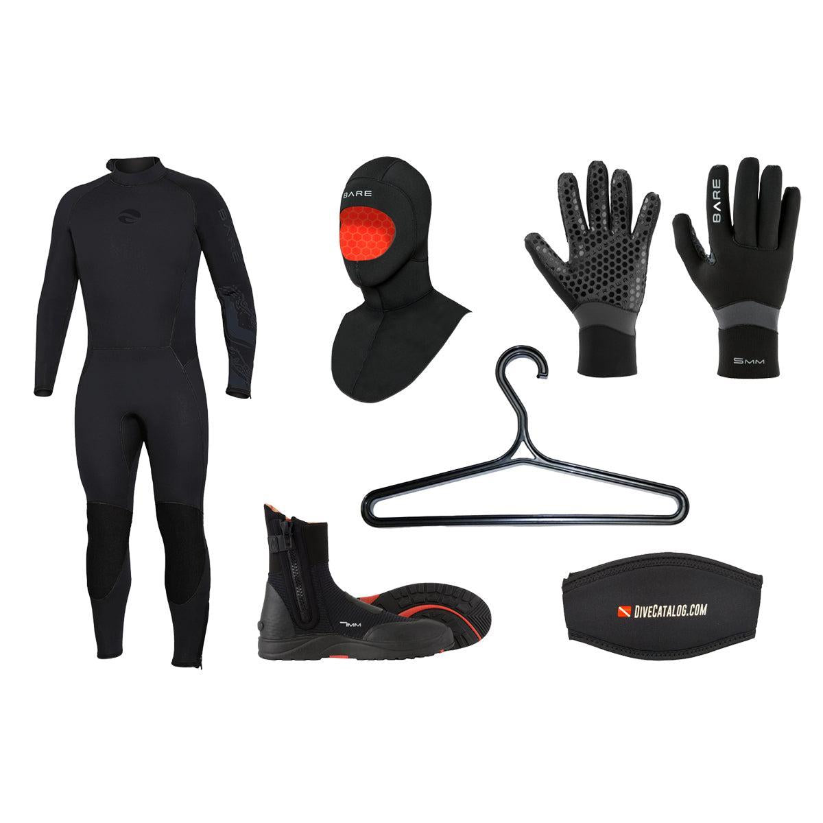BARE Men's 7mm Velocity Ultra Full Wetsuit Package w/ FREE Wetsuit Hanger & Mask Strap-