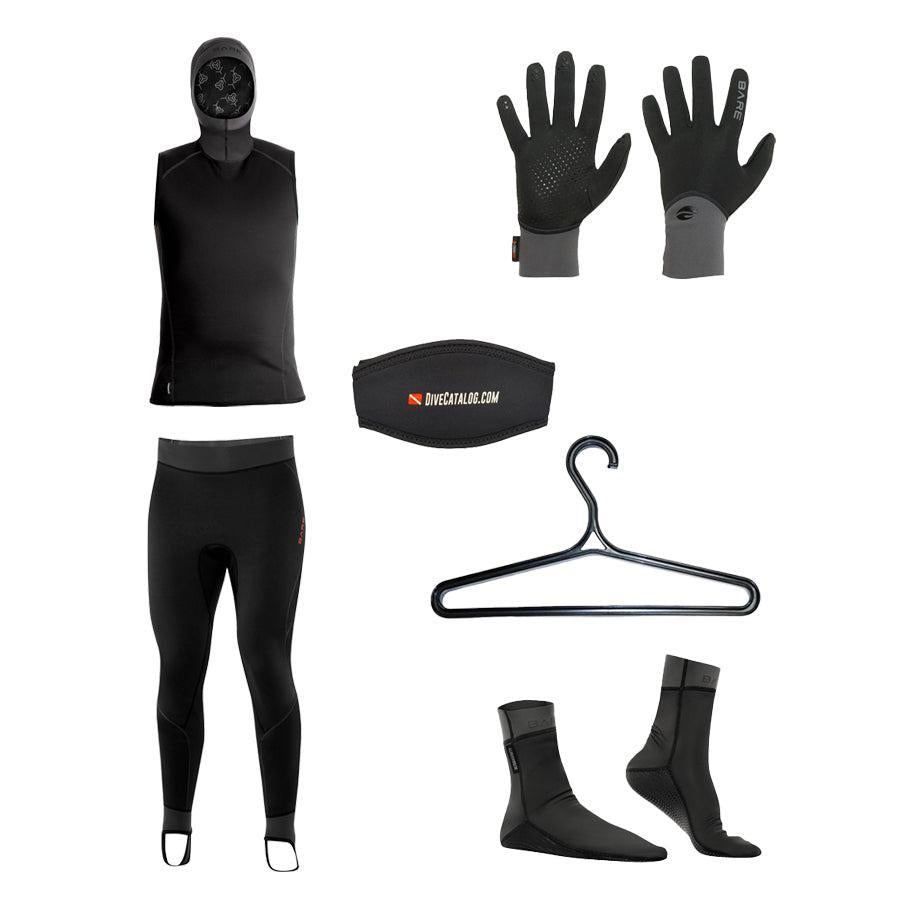 BARE Men's Exowear Hooded Vest, Pants, Gloves, Socks Package w/ FREE Wetsuit Hanger & Mask Strap-