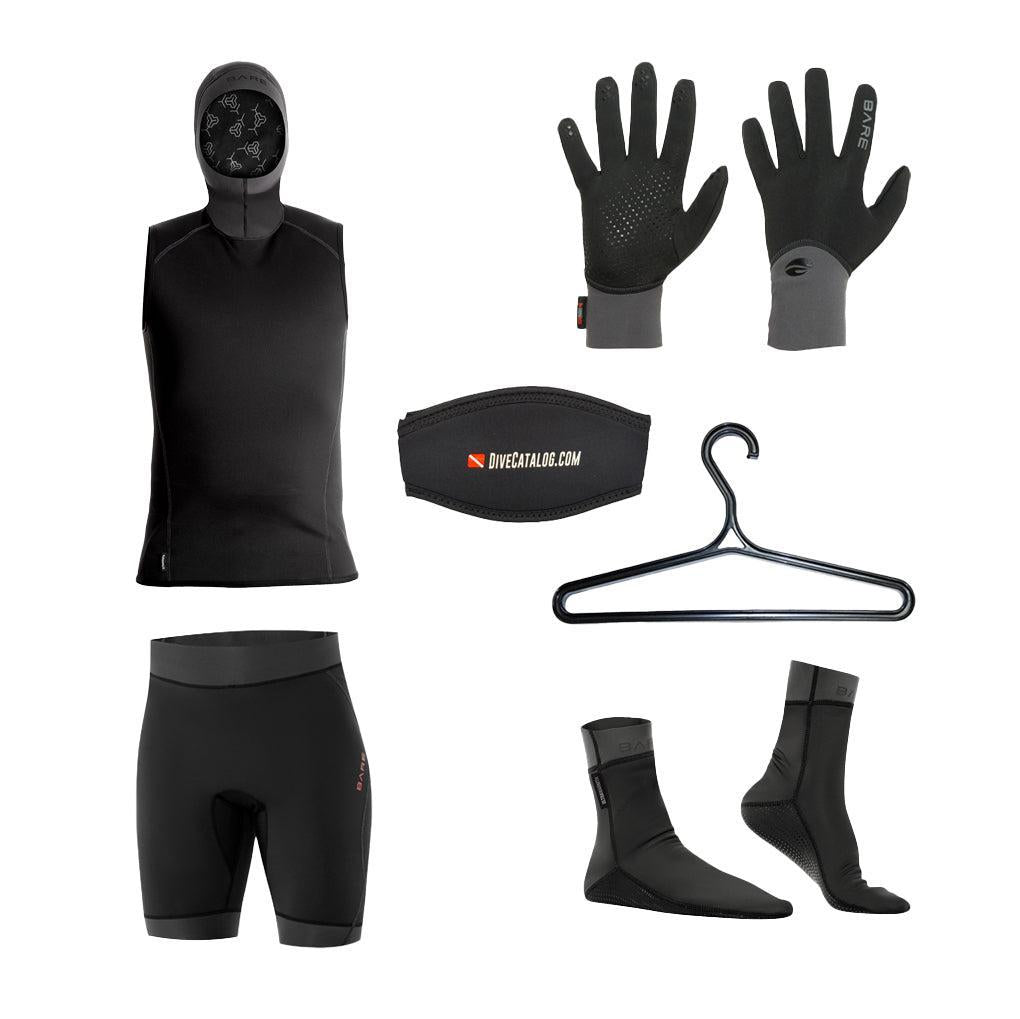 BARE Men's Exowear Hooded Vest, Shorts, Gloves, Socks Package w/ FREE Wetsuit Hanger & Mask Strap-