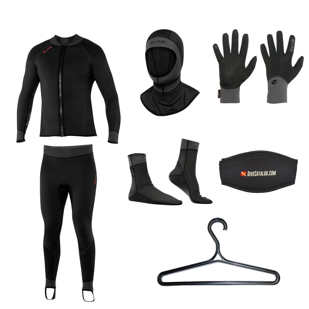 BARE Men's Exowear Jacket, Pants, Hoods, Gloves, Socks Package w/ FREE Wetsuit Hanger & Mask Strap-