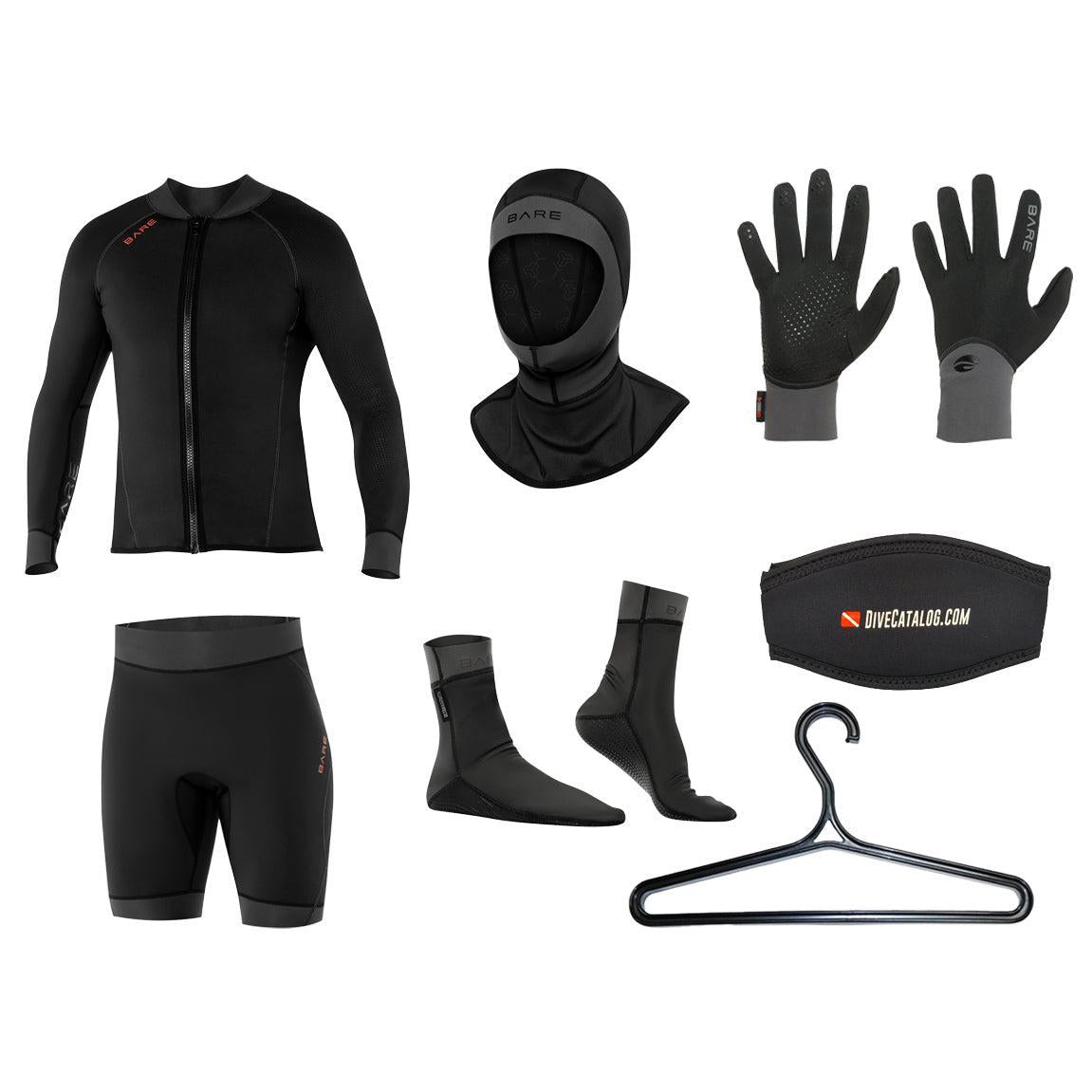 BARE Men's Exowear Jacket, Shorts, Hoods, Gloves, Socks Package w/ FREE Wetsuit Hanger & Mask Strap-