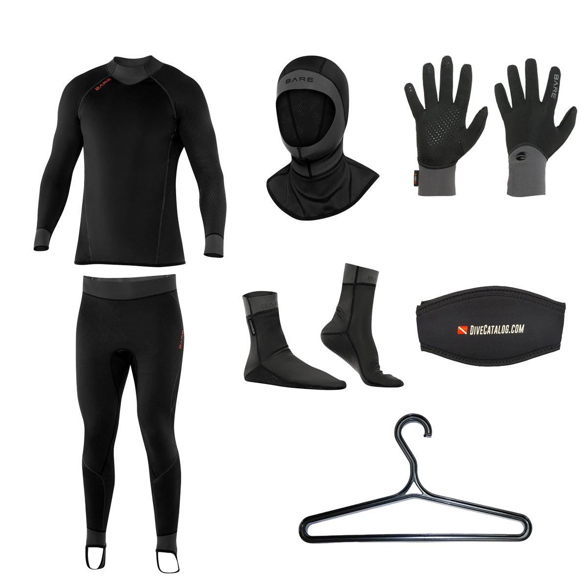 BARE Men's Exowear Top, Pants, Hoods, Gloves, Socks Package w/ FREE Wetsuit Hanger & Mask Strap-