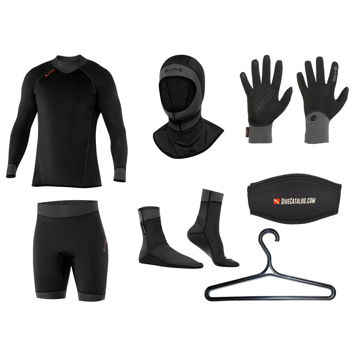 BARE Men's Exowear Top, Shorts, Hoods, Gloves, Socks Package w/ FREE Wetsuit Hanger & Mask Strap-