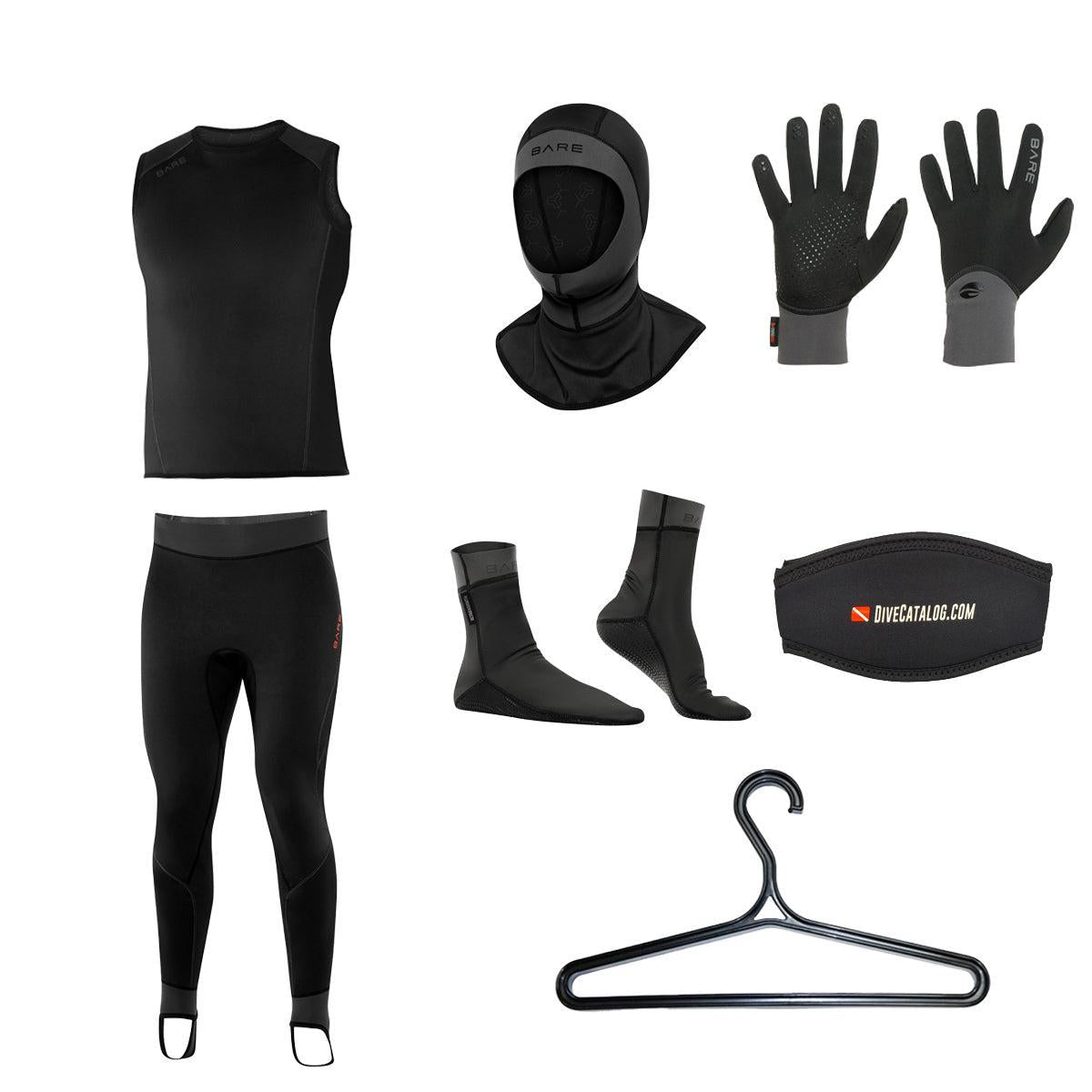 BARE Men's Exowear Vest, Pants, Hoods, Gloves, Socks Package w/ FREE Wetsuit Hanger & Mask Strap-