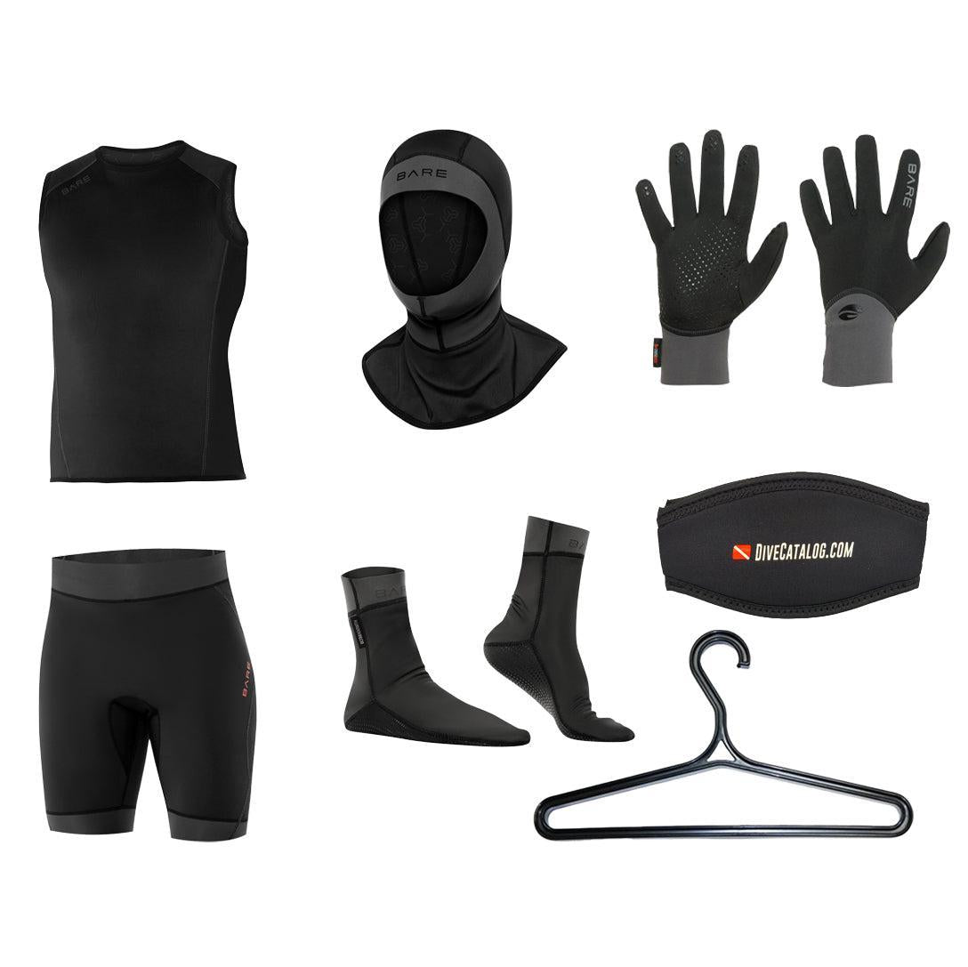 BARE Men's Exowear Vest, Shorts, Hoods, Gloves, Socks Package w/ FREE Wetsuit Hanger & Mask Strap-