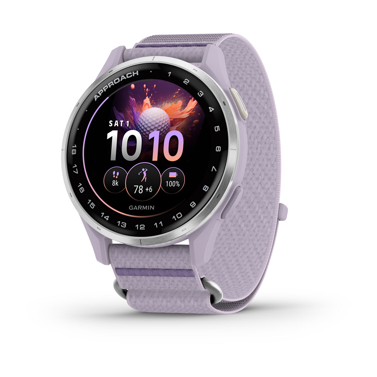 Garmin Approach J1 Junior GPS Golf Smartwatch – Silver Aluminum Bezel with Lilac ComfortFit Fabric Band