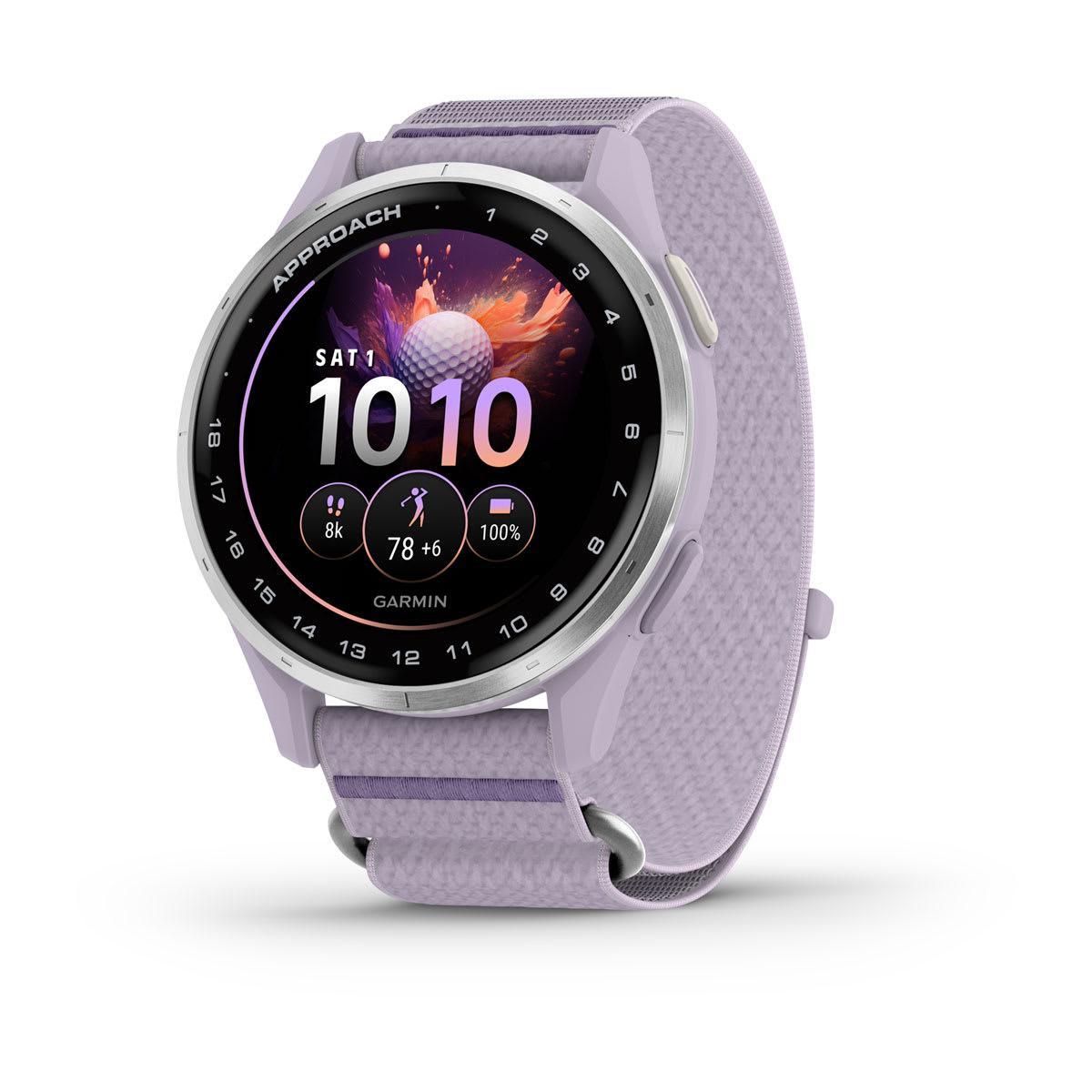 Garmin Approach J1 Junior GPS Golf Smartwatch – Silver Aluminum Bezel with Lilac ComfortFit Fabric Band