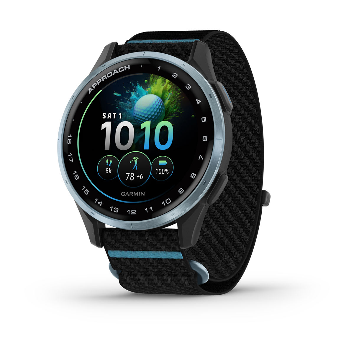 Garmin Approach J1 Junior GPS Golf Smartwatch – Cloud Blue Aluminum Bezel with Black/Azure ComfortFit Fabric Band