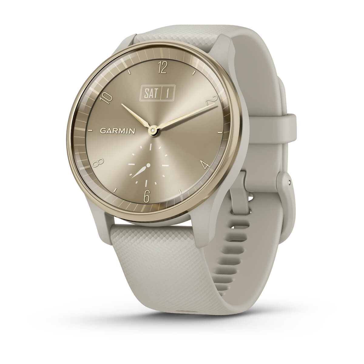 Garmin vívomove Trend Hybrid Smartwatch – Cream Gold Stainless Steel Bezel with French Gray Case and Silicone Band