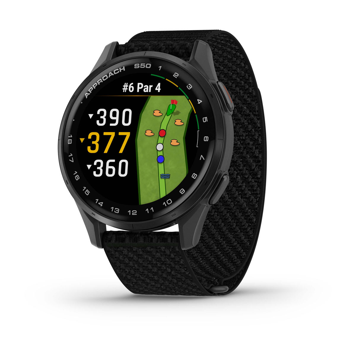 Garmin Approach S44 and S50 GPS Golf Smartwatch – S50: Golf & Fitness Features / Slate Aluminum Bezel with Black Nylon Band