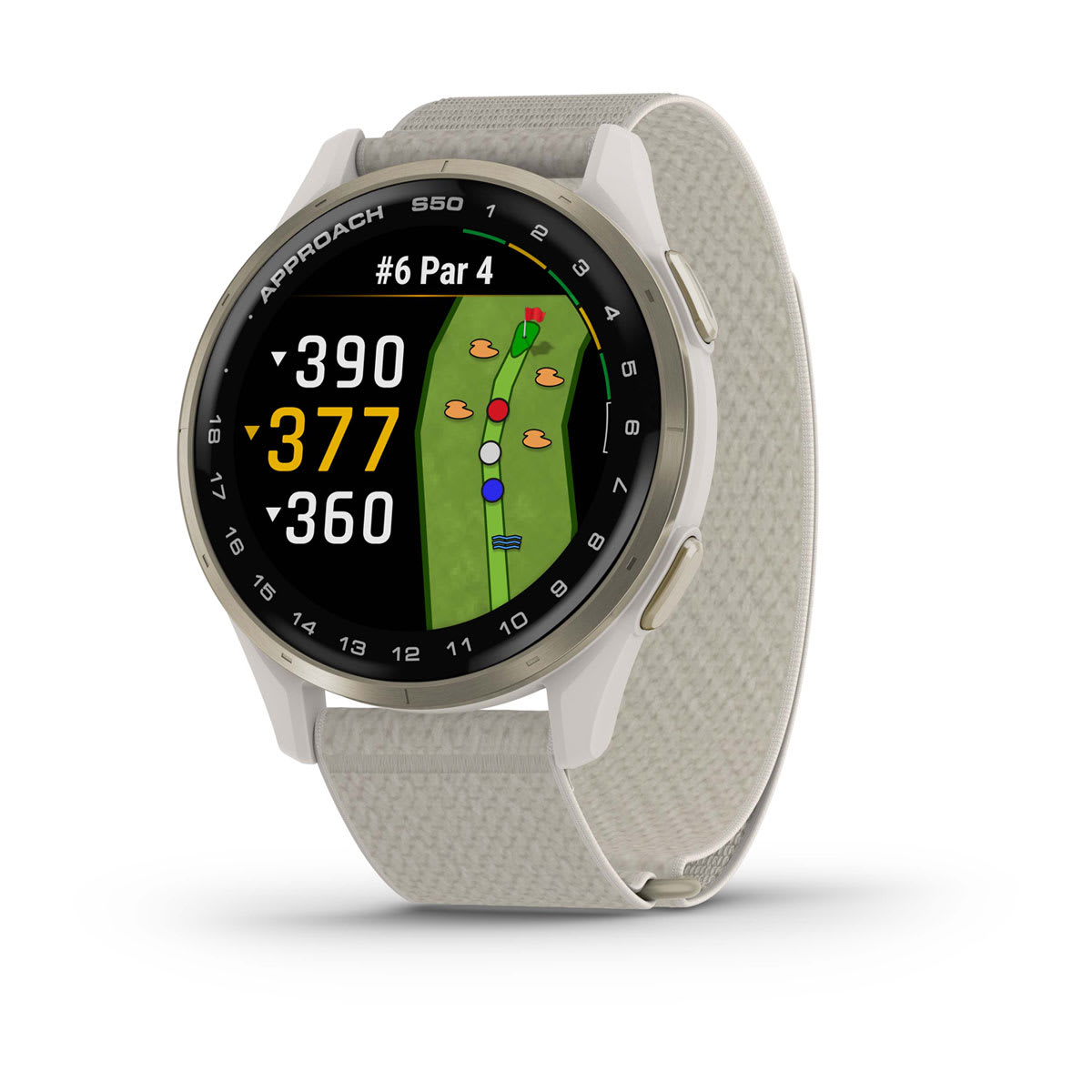 Garmin Approach S44 and S50 GPS Golf Smartwatch – S50: Golf & Fitness Features / Cream Gold Aluminum Bezel with Ivory Nylon Band
