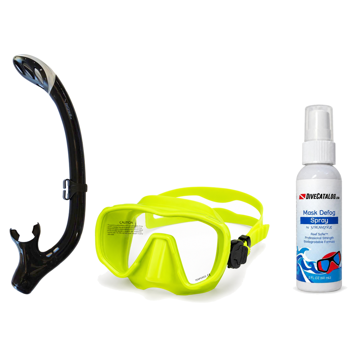 DiveCatalog Mask + Snorkel Package – Silicone Frameless Mask + Semi-Dry Snorkel + Free Mask Defog Spray — Fluorescent Yellow…