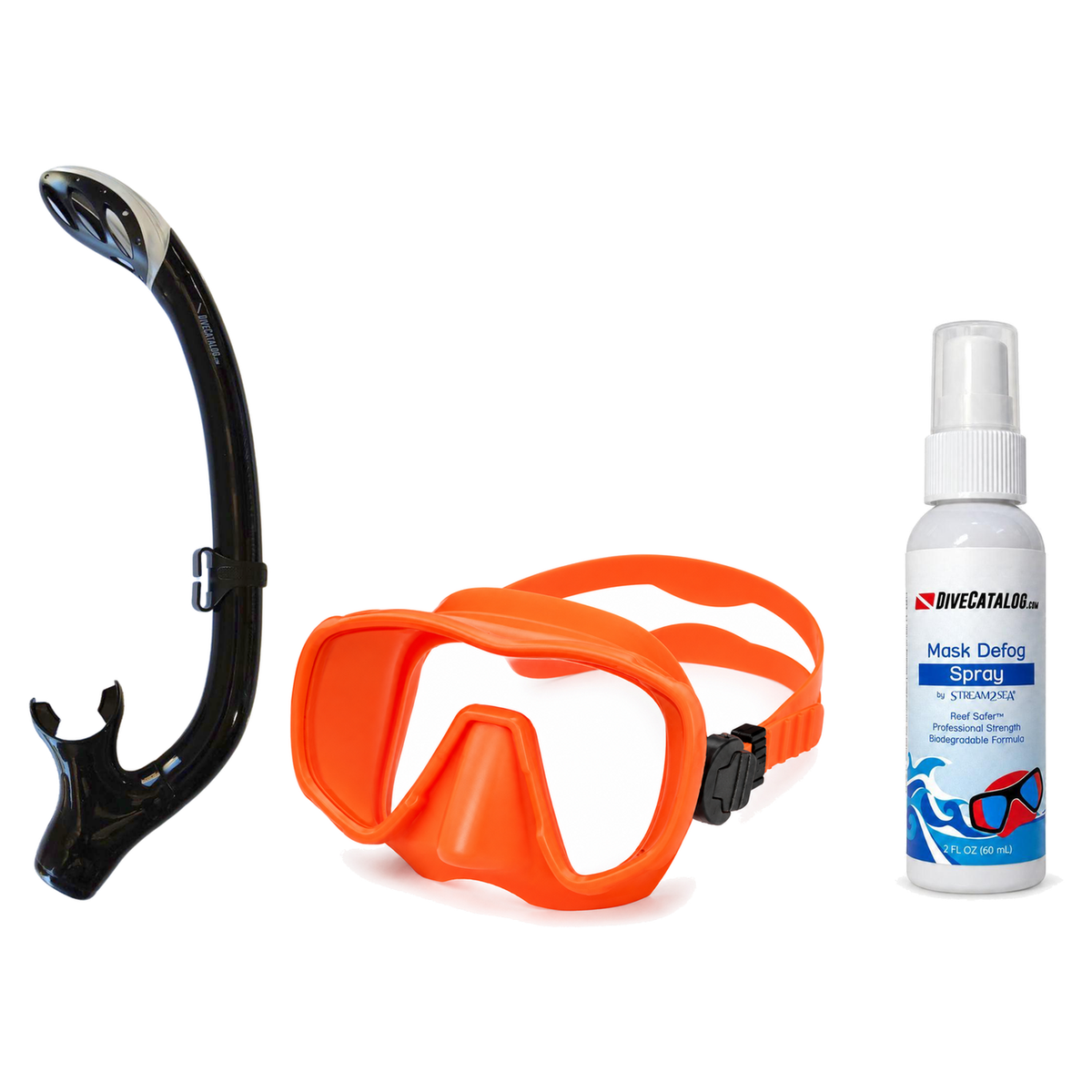 DiveCatalog Mask + Snorkel Package – Silicone Frameless Mask + Semi-Dry Snorkel + Free Mask Defog Spray — Orange, DiveCatalo…