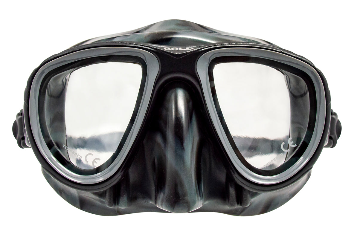 Genesis Bold Spearfishing, Free Diving, Snorkeling, or Scuba Mask with Camo Skirt-Black Camo-