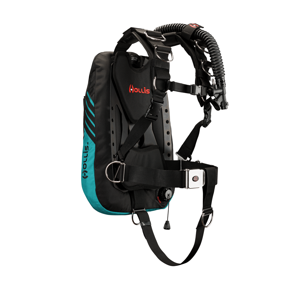 Hollis CRIB single tank rig, ST 22 wing in Aqua, side view