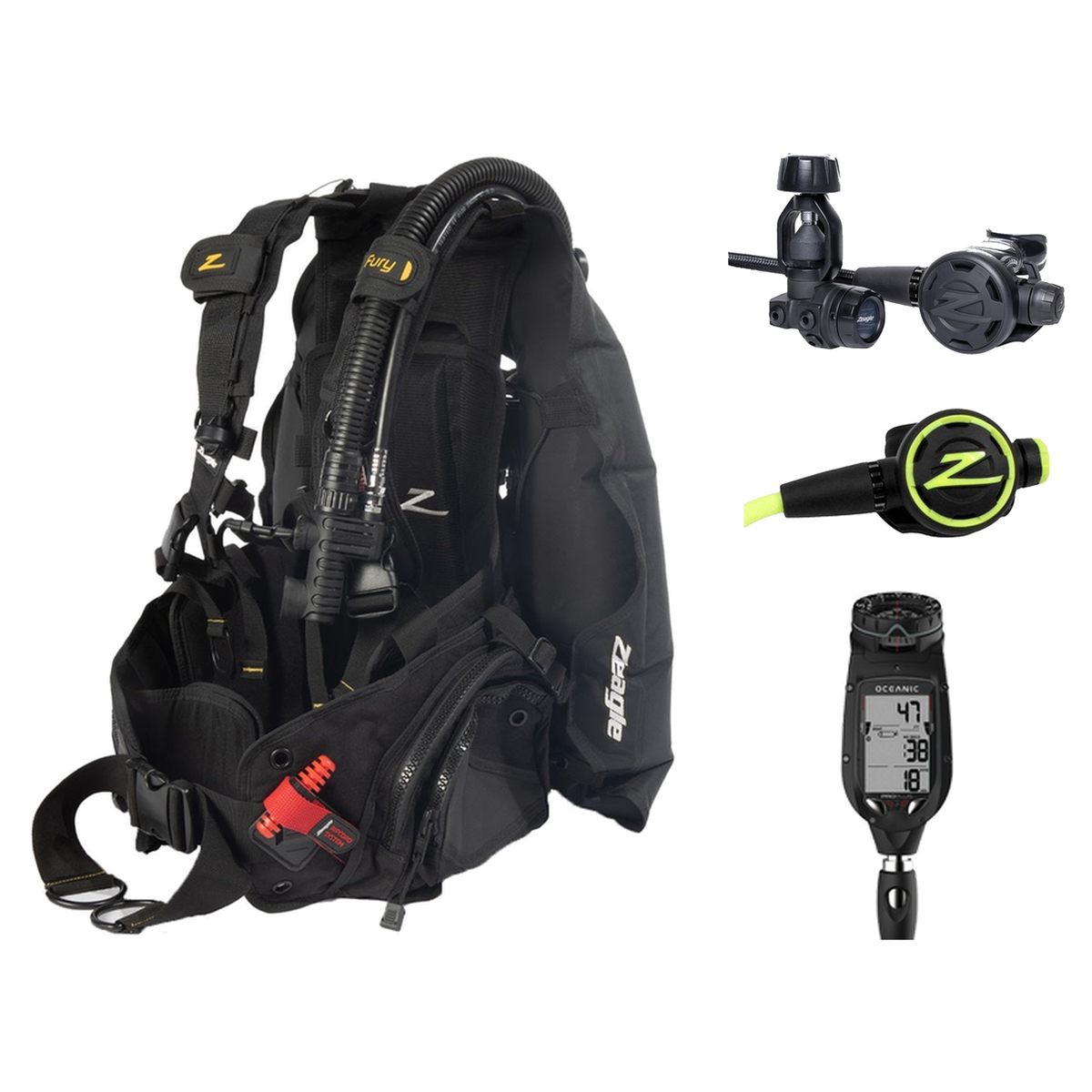 Zeagle Performance Package – Fury BCD + F8 Regulator + F8 Octopus + Oceanic Proplus 4.0 (Compass) — includes Zeagle Fury w/…