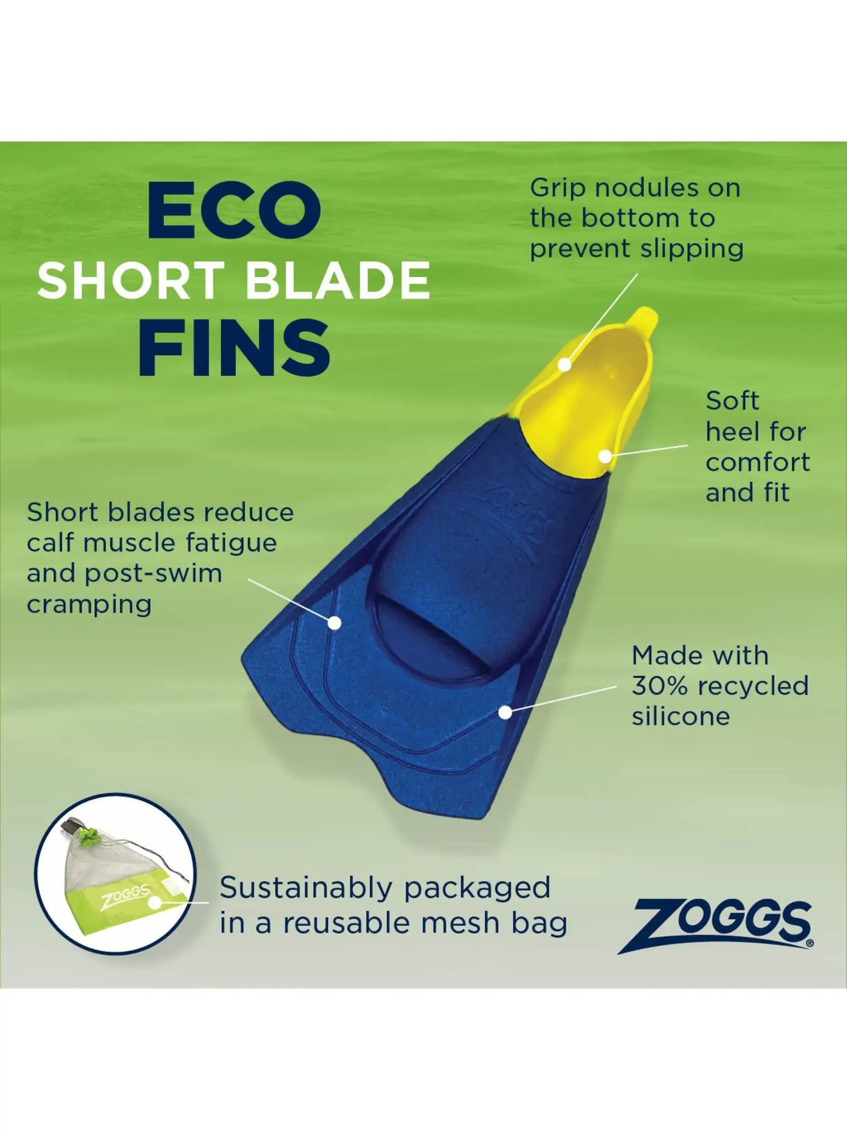 Zoggs Eco Short Blade Training Swim Fins Silicone Comfort Fit