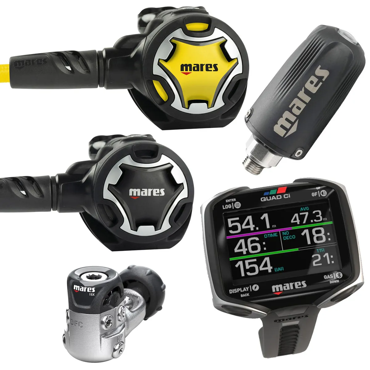 Mares Dual 15X Regulator with Dual Octopus, Quad Ci Wrist Dive Computer and LED Tank Module 2.0 Transmitter