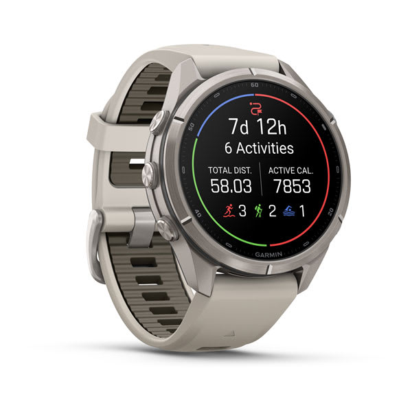 Garmin fenix 9 Pro – 43 mm, Titanium with Fog Gray/Dark Sandstone Silicone Band — left profile