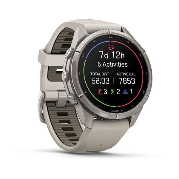 Garmin fenix 9 Pro – 43 mm, Titanium with Fog Gray/Dark Sandstone Silicone Band — left profile