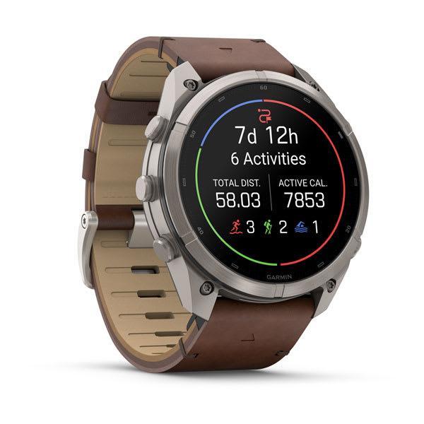Garmin fenix 9 Pro – inReach, 51 mm Titanium with Walnut Leather Band — left profile