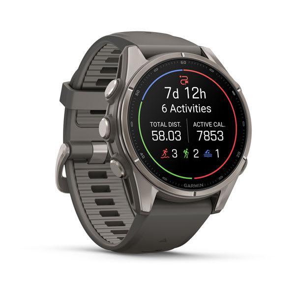 Garmin fenix 9 – 43 mm, Titanium with Pebble Gray Silicone Band — left profile