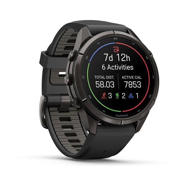 Garmin fenix 9 Pro – inReach, 43 mm Carbon Gray DLC Titanium with Black/Pebble Gray Sil — left profile