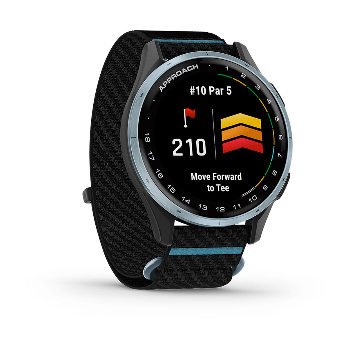 Garmin Approach J1 Junior GPS Golf Smartwatch – Cloud Blue Aluminum Bezel with Black/Azure ComfortFit Fabric Band