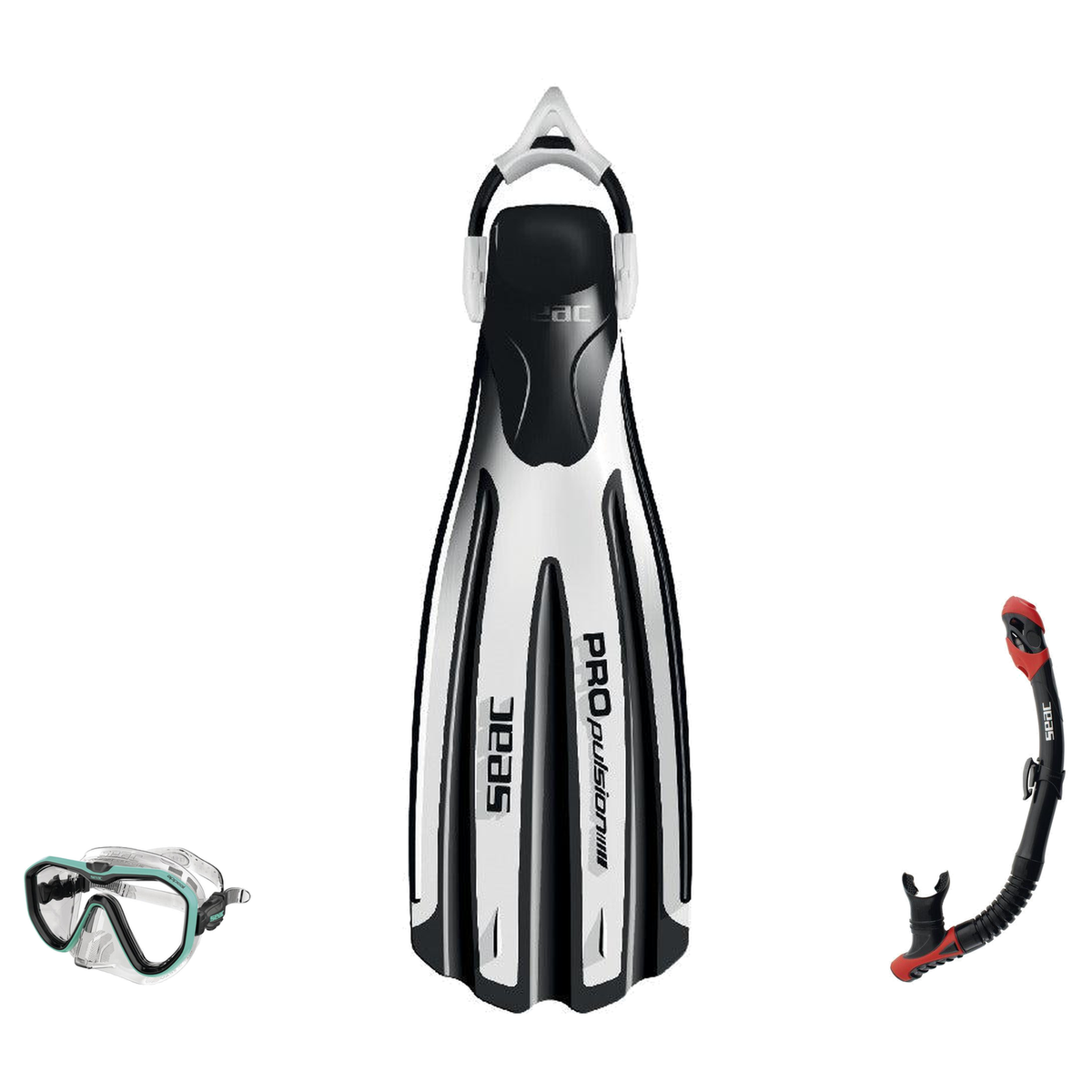 Seac Appeal Dive Mask with Reverse Dry Snorkel & Propulsion Sling Strap Fins Set — includes Seac Propulsion S Scuba Diving…