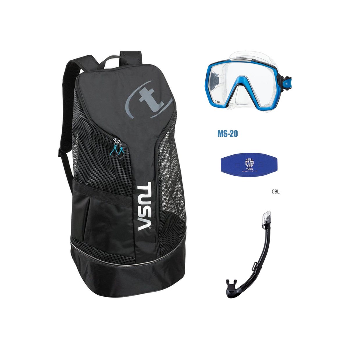 Tusa Freedom HD Mask + Tusa Hyperdry Elite II + Tusa Mask Strap + Meshbag — Fish Tail Blue