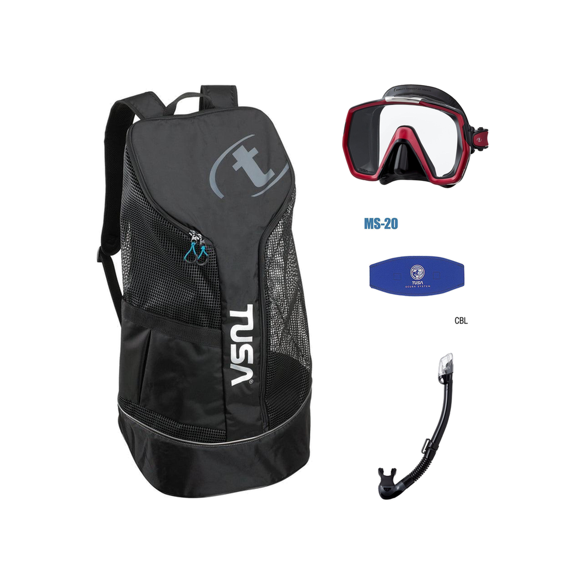 Tusa Freedom HD Mask + Tusa Hyperdry Elite II + Tusa Mask Strap + Meshbag — Black/Metallic Red