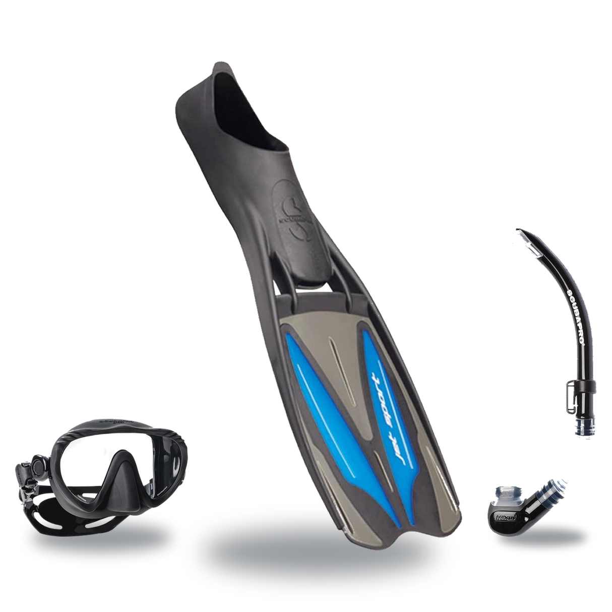 Scubapro Mask Fin Snorkel Package – Trinidad 3, Ghost or Spectra Mask + Nexus Purge Valve Snorkel + GO Travel Fins — Ghost,…